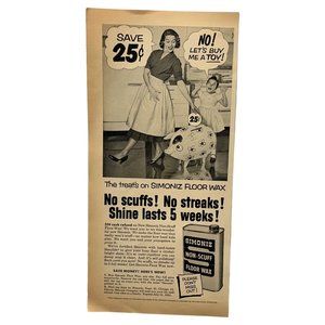 Simoniz Floor Wax Vintage Print Ad 1954 Housecleaning Home Decor